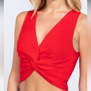 Active USA Red Ribbed Knit V Neck Twist Tie Crop Top tank size medium